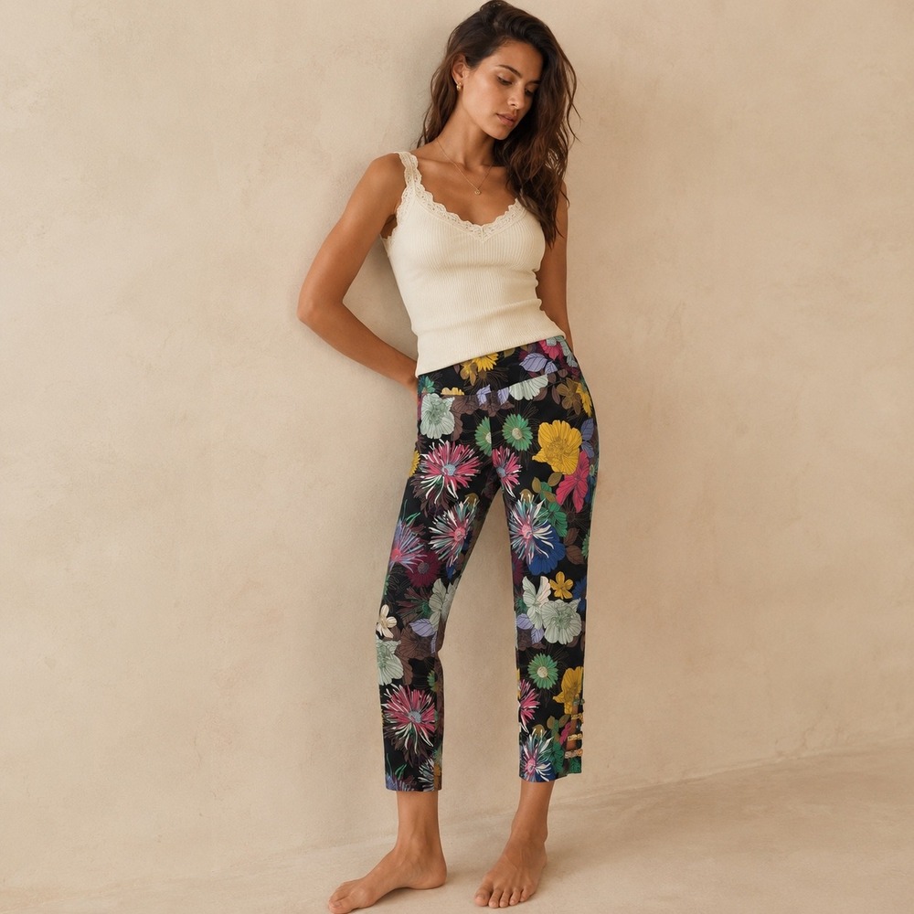 Vtg Capri Pants Floral Trousers Rhinestone Maximalist Flower Print Artyre NY 6